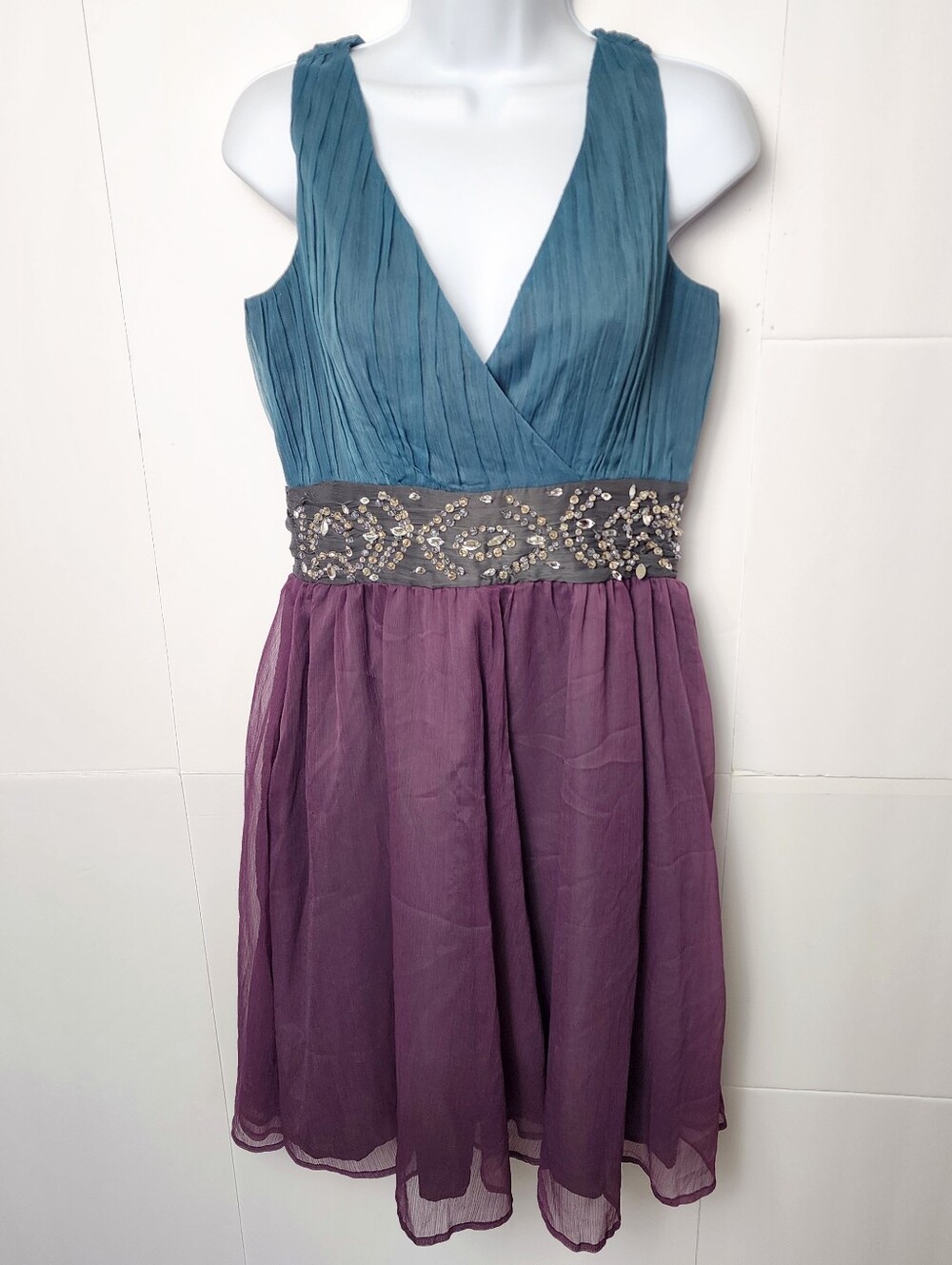 Newport News Chiffon Cocktail Dress 8P Beaded Empire V Neck Whimsigoth Y2K VTG